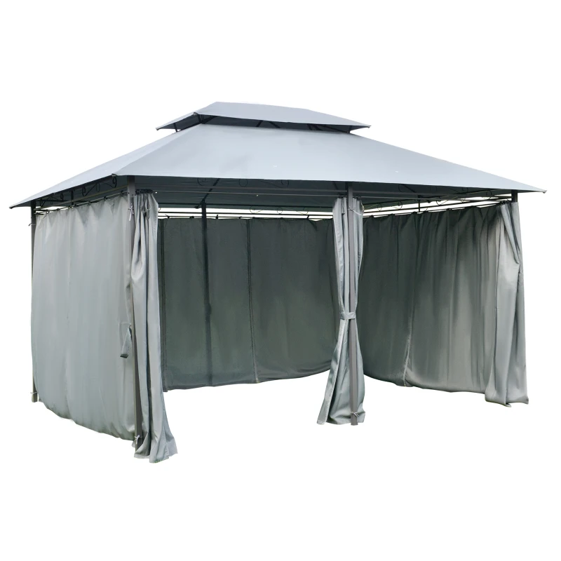 Outsunny 13'L x 10'W x 8.7'H Patio Gazebo Outdoor 2-Tiers Garden Canopy Yard Sunshade Shelter with Curtains, Grey