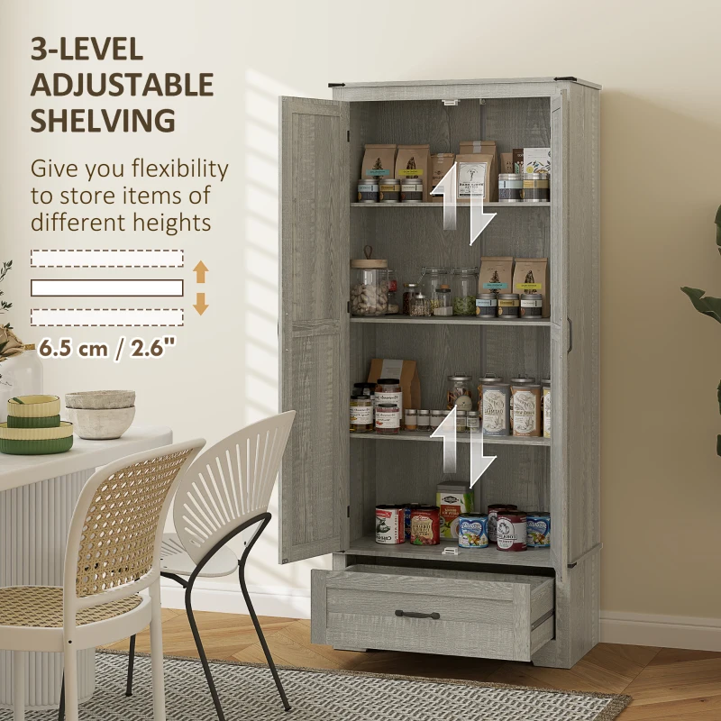 HOMCOM 72" Farmhouse Pantry Cabinet with Adjustable Shelves, Kitchen Pantry Cabinet with 2 Doors, Distressed Light Gray