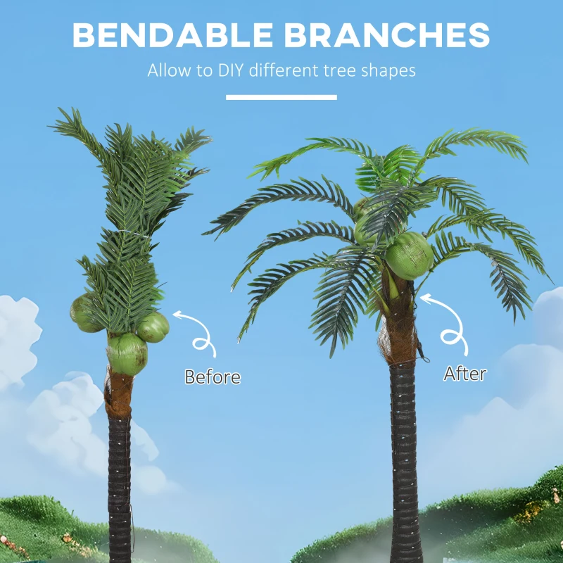 Outsunny 5' Artificial Light Up Palm Tree Lighted Tropical Fake Tree with Remote 200 Lights 3 Coconuts for Outdoor Indoor Green