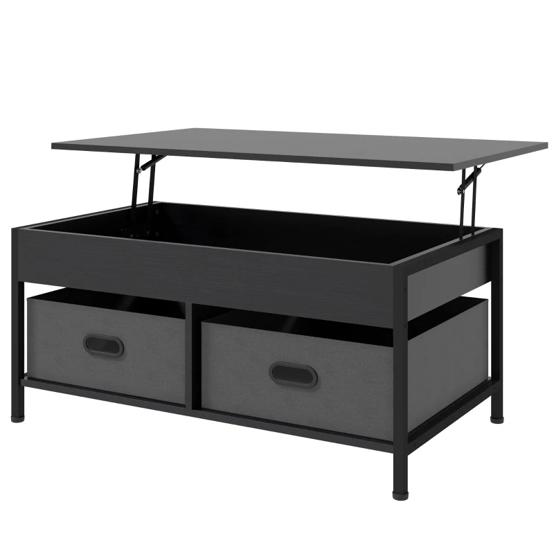 HOMCOM Industrial Coffee Table, Lift Top Coffee Table with Storage, Live Edge Coffee Table with Open Shelves and Fabric Boxes