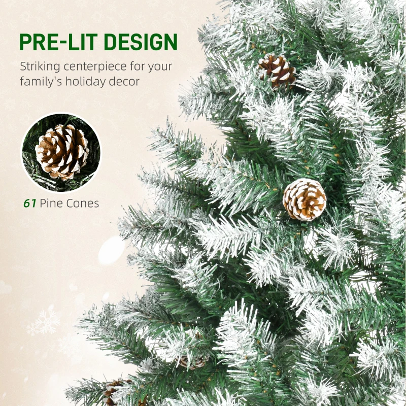 HOMCOM 6ft Unlit Snow-Dusted Full Fir Artificial Christmas Tree with Realistic Branches, 61 Pine Cones and 800 Tips