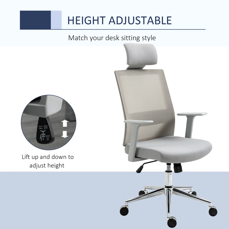 Vinsetto High Back Office Chair, Swivel Task Chair with Lumbar Back Support, Breathable Mesh, and Adjustable Height, Headrest, Grey