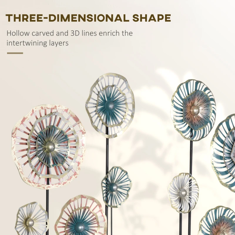 HOMCOM 3D Metal Wall Art Set of 2 Modern Flower Hanging Wall Sculpture Home Decor for Living Room Bedroom Kitchen 16"x32"x2, Blue Silver Gold