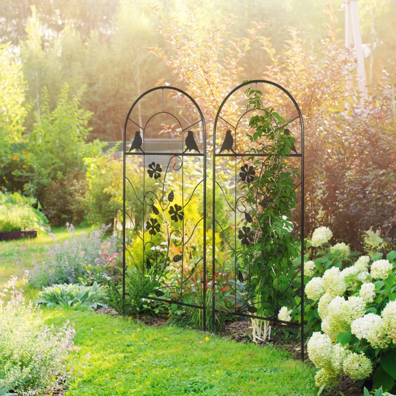 Outsunny 2 Pack Outdoor Metal Garden Trellis, Birds and Leaves Grid Panels for Roses, Vine Flower, Cucumber, Clematis, 39" Tall