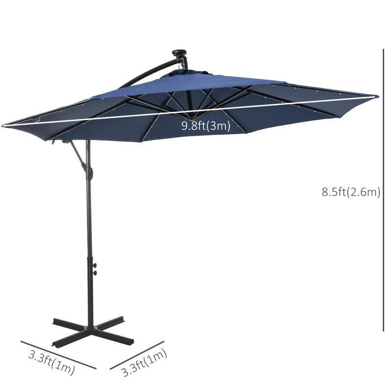 Outsunny 10ft Outdoor Cantilever Umbrella with Solar Lights Banana Umbrella with Adjustable Angle for Patio Backyard Navy Blue