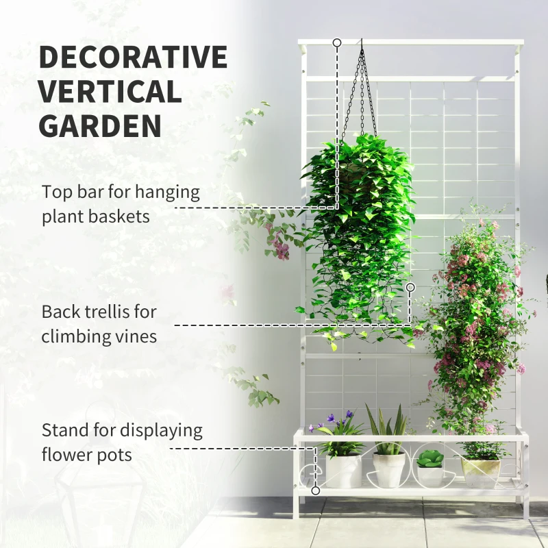 Outsunny Metal Tall Plant Stand with Trellis and Hanging Bar, Plant Holder for Indoor Outdoor Use, 35" x 12.8" x 74", White