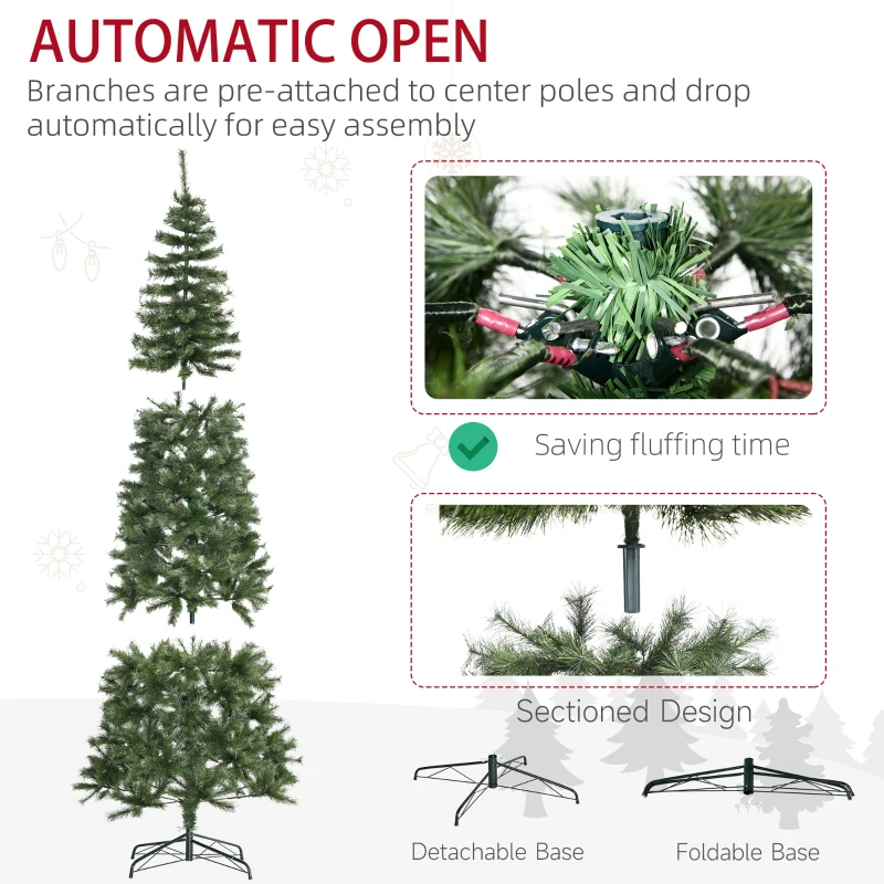 HOMCOM 8 Foot Pine Artificial Christmas Tree, Slim Pencil Xmas Tree with 952 Realistic Branches, Steel Base, Auto Open, Green
