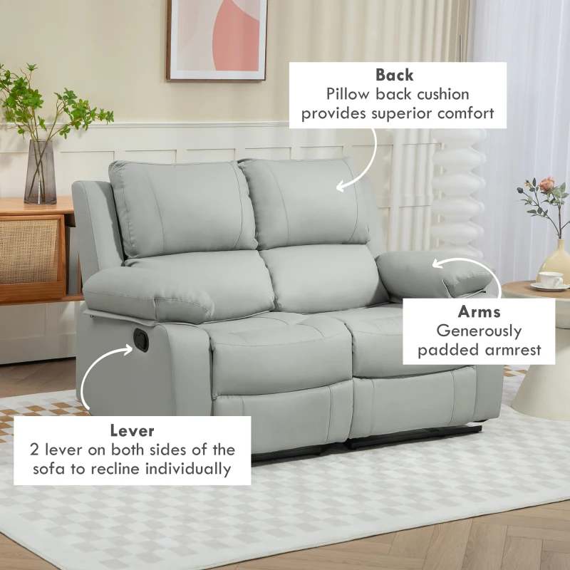 HOMCOM PU Leather Manual Recliner Sofa, Double Reclining Loveseat with Pullback Control Footrest for Living Room, Light Grey