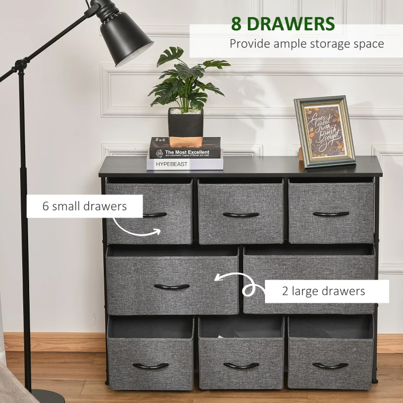 HOMCOM 8-Drawer Dresser, 3-Tier Fabric Chest of Drawers, Storage Tower Organizer Unit with Steel Frame for Bedroom, Hallway, Dark Gray