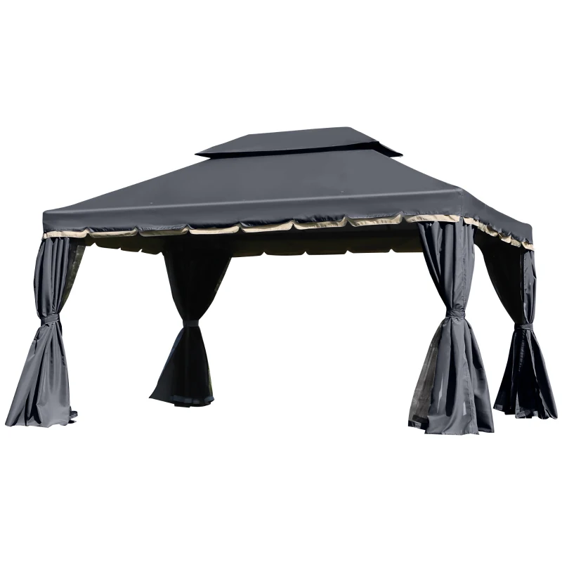 Outsunny 13' x 10' Outdoor Patio Gazebo Canopy with 2-Tier Polyester Roof, Vented Mesh Sidewall & Strong Aluminum Frame, Black