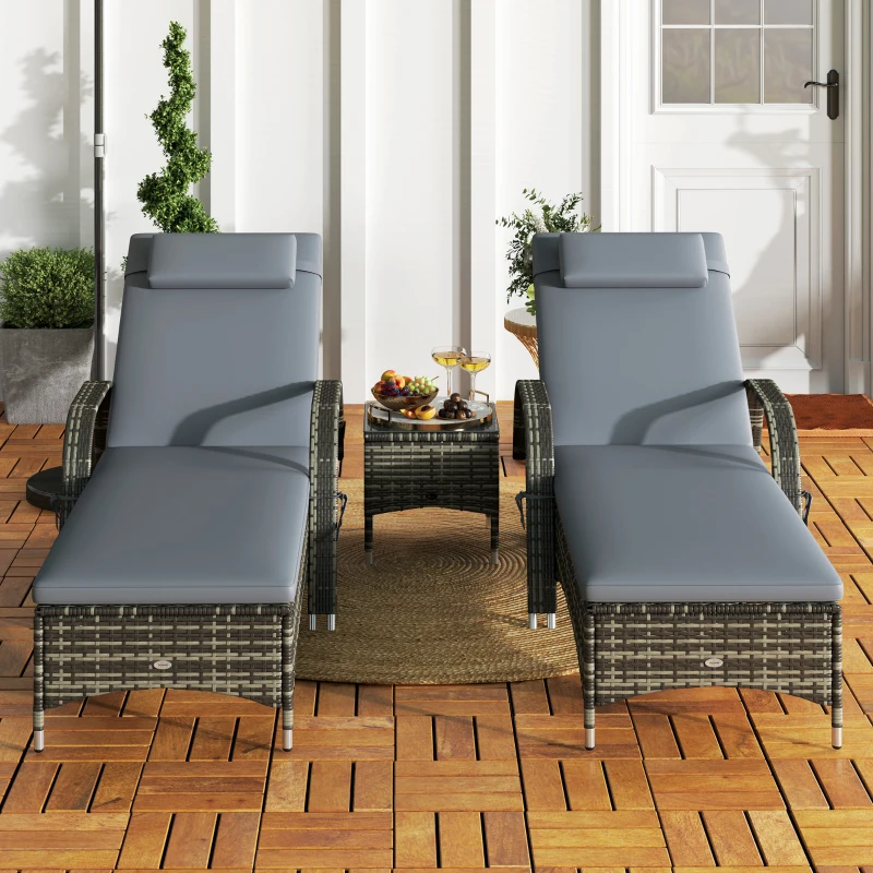 Outsunny Patio Wicker Chaise Lounge Chair Set of 2 with Table, Adjustable Backrest, Wheels, Cushion & Headrest, Gray
