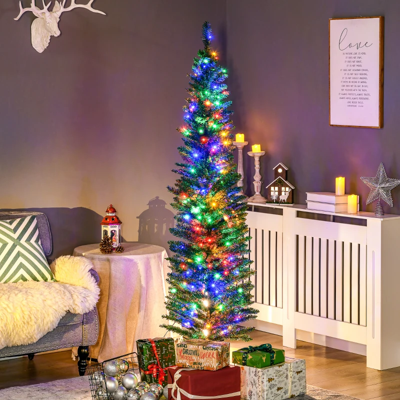 HOMCOM 6' Artificial Pencil Christmas Trees Holiday Decoration with Colorful LED Lights, Steel Base, Skinny Shape