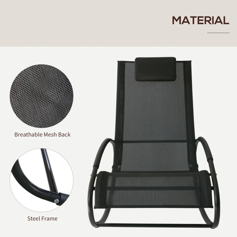 Outsunny Patio Texteline Rocking Lounge Chair Orbital Zero Gravity Rocker Outdoor Recliner Seat w/ Padded Pillow Black