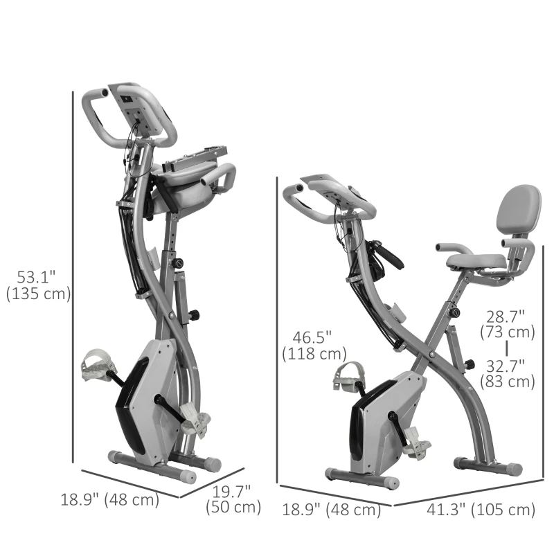 Soozier 3 in 1 Folding Exercise Bike, Foldable Stationary Bike with 8-Level Magnetic Resistance, Adjustable Seat, Grey