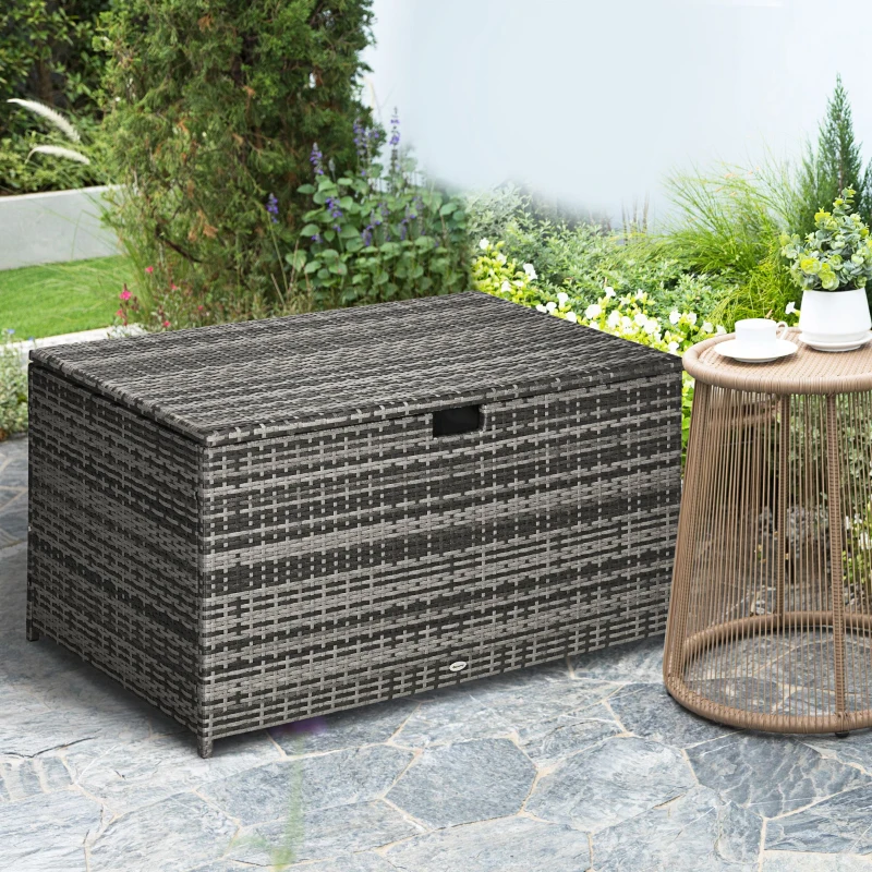 Outsunny 113 Gallon Outdoor Storage Box, Rattan Deck Box for Indoor, Patio Furniture Cushions, Pool Garden Tools, Dark Gray