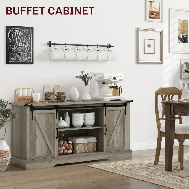 HOMCOM Sideboard with Charging Station, Farmhouse Coffee Bar Cabinet with Sliding Barn Door, TV Stand for TVs Up to 65", Gray