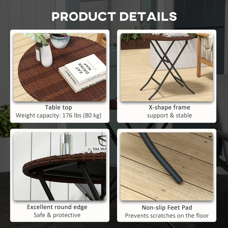 Outsunny Outdoor PE Rattan Foldable End Table, Φ23.6" x 27.6" H, Brown