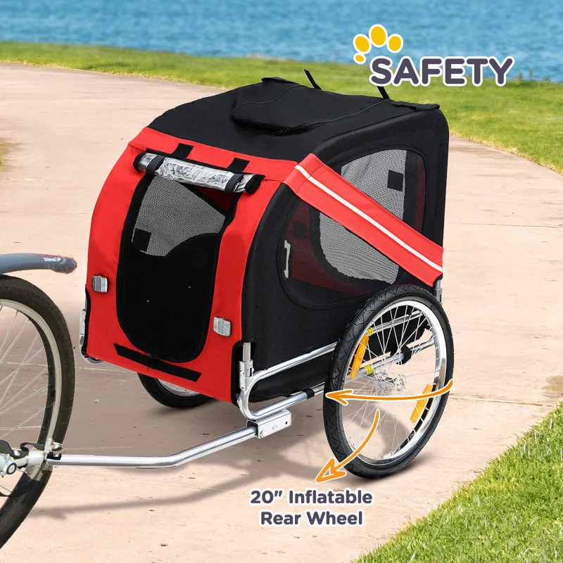 Aosom Dog Bike Trailer, Pet Wagon Bicycle Trailer with Easy Folding Cart Frame, 20" Large Rubber Wheels, 3 Entrances, Mesh Screen, Pet Bike Trailer for Off-Road & Travel, Red and Black(m-7)