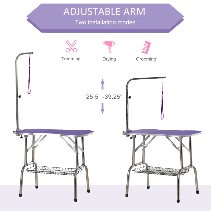 PawHut 37" Foldable Pet Grooming Table Dog Drying Table with Adjustable Arm Non-Slip Rubber Tabletop Aluminium Alloy Edge Stainless Steel Bar Hanging Leash Purple