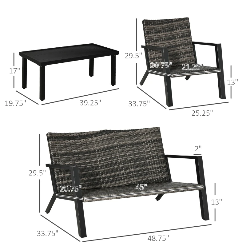 Outsunny 4 Piece Patio Furniture Set, 2 PE Wicker Chairs, Loveseat Sofa, Outdoor Coffee Table, Soft Cushions, Couch & Armchairs for Backyard, Garden, Black