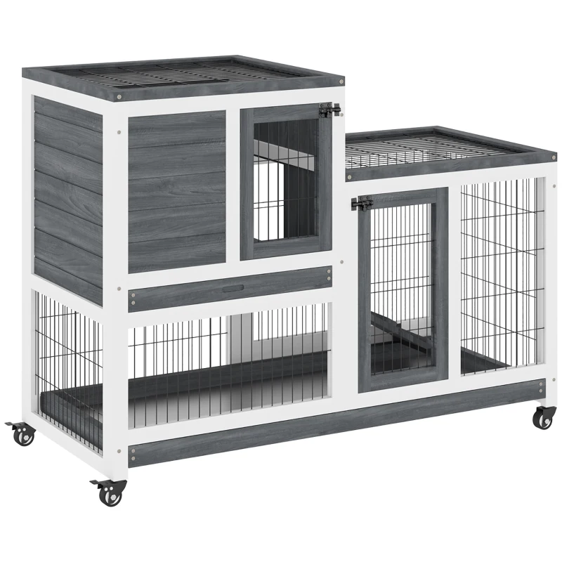 PawHut Wooden Rabbit Hutch Elevated Bunny Cage Indoor Small Animal Habitat with Enclosed Run with Wheels, Ramp, Removable Tray for Rabbits, Chickens, Ducks, Guinea Pigs, Gray