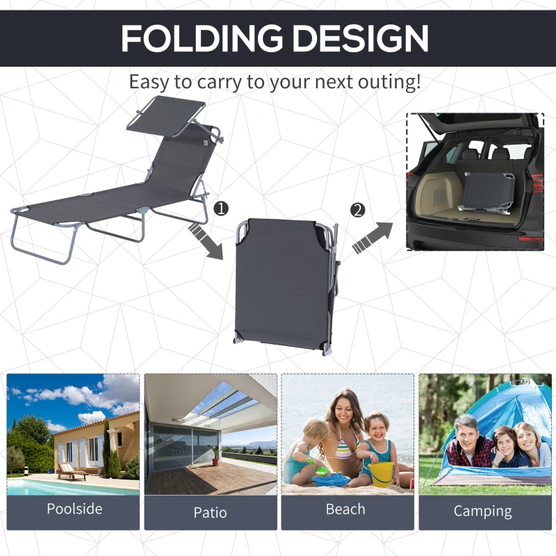 Outsunny Outdoor Lounge Chair, Adjustable Folding Chaise Lounge,  Tanning Chair with Sun Shade for Beach, Camping, Hiking, Backyard, Grey