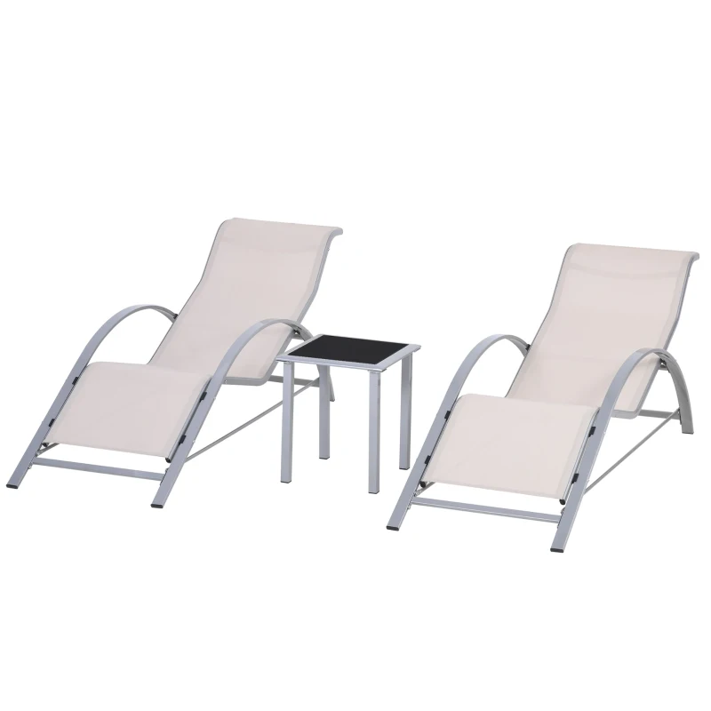 Outsunny 3 Pieces Patio Pool Lounge Chairs Set, Outdoor Chaise lounge with 2 S-Shaped Sunbathing Chairs and a Glass Top Table, for Yard Garden, Cream White