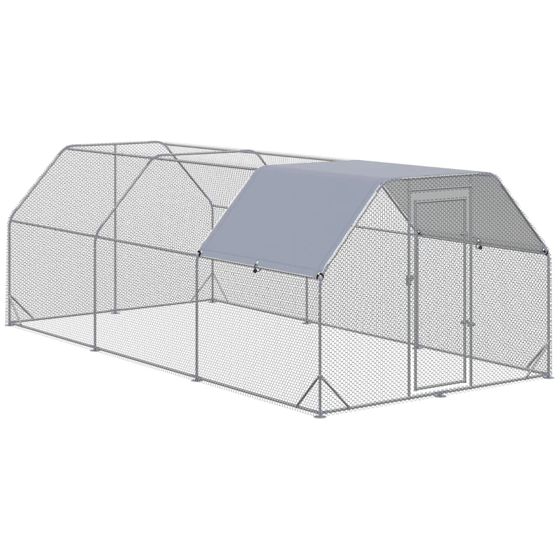 PawHut Chicken Run, Galvanized Large Metal Chicken Coop Cage, Walk-in Enclosure Poultry Hen Run House Playpen Rabbit Hutch with Flat Roof, Cover, 9.2' x 18.7' x 6.5', Silver