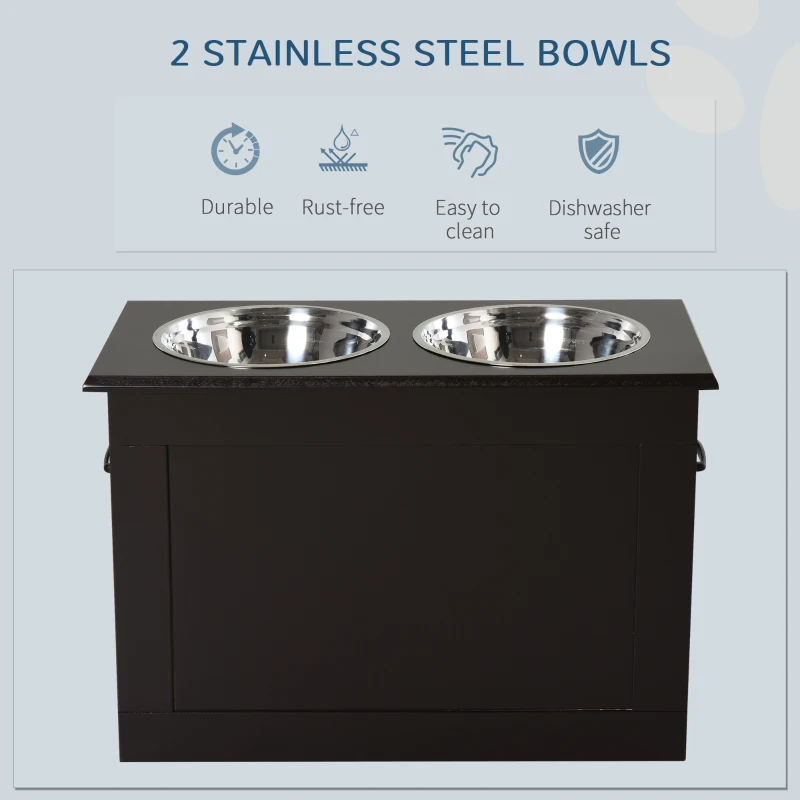 PawHut Raised Pet Feeding Storage Station with 2 Stainless Steel Bowls Base for Large Dogs and Other Large Pets, Coffee