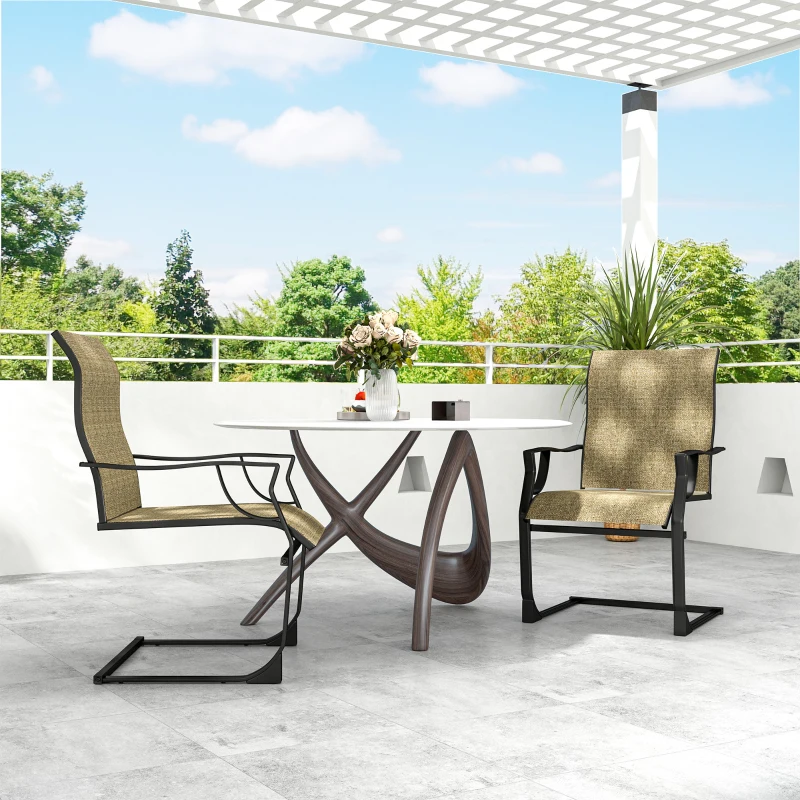 Outsunny C Spring Patio Dining Chairs Set of 2 with High Backrest, Armrest, Breathable Fabric & Metal Frame, 256LBS, Light Brown
