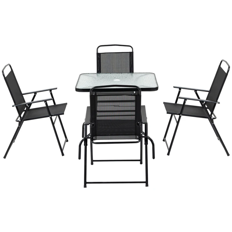 Outsunny 5 Pieces Patio Table and Chairs, Outdoor Dining Set with 4 Folding Chairs, Glass Tabletop and Parasol Hole, Black