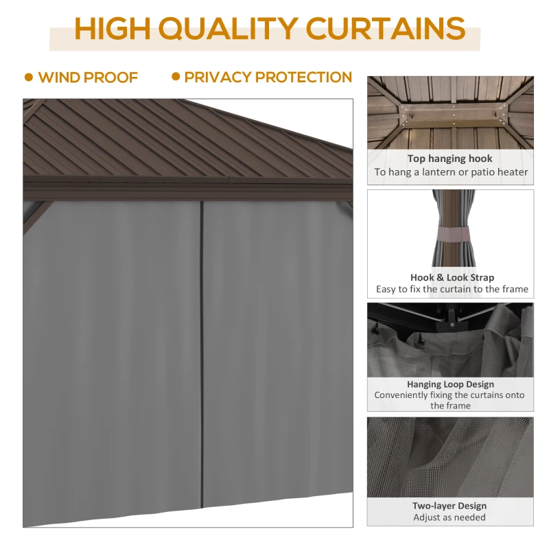 Outsunny 10' x 12' Hardtop Gazebo with Curtains and Netting, Permanent Pavilion Metal Single Roof Gazebo Canopy with Aluminum Frame and Hooks, for Garden, Patio, Backyard, Gray