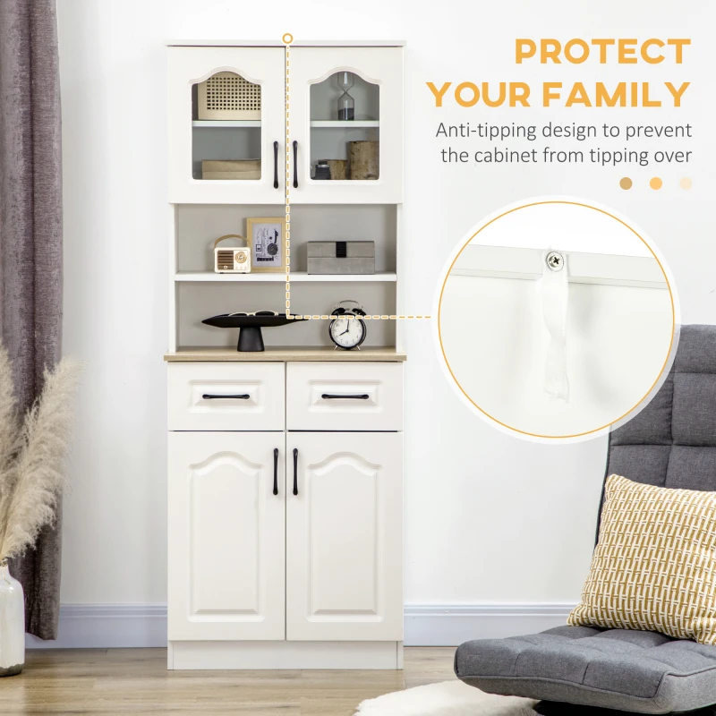 HOMCOM 66" Tall Kitchen Pantry Cabinet, Freestanding Storage Cabinet with 2 Adjustable Shelves, 2 Drawers, Open Counter and Glass Doors, White