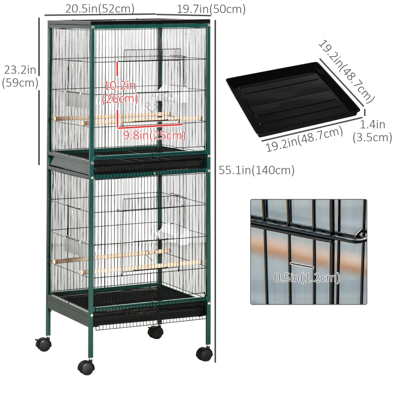 PawHut 55.1" 2 In 1 Bird Cage Aviary Parakeet House for finches, budgies with Wheels, Slide-out Trays, Wood Perch, Green