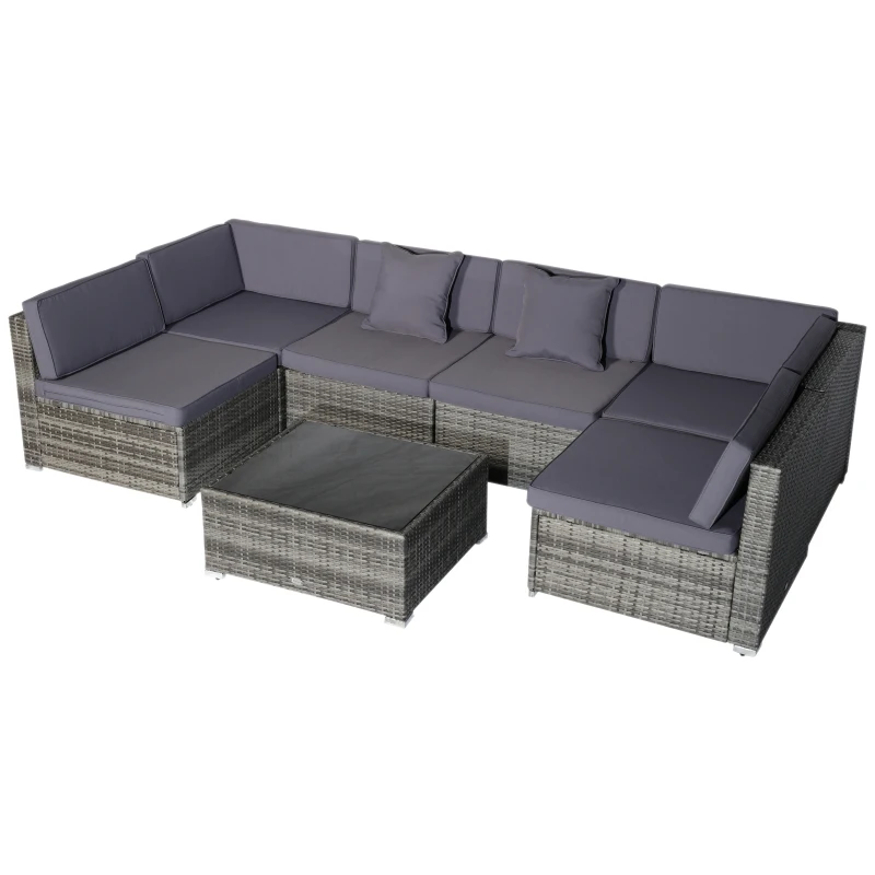Outsunny 7pcs Garden Wicker Sectional Set w/ Tea Table Patio Rattan Lounge Sofa with Cushion, Dark Grey