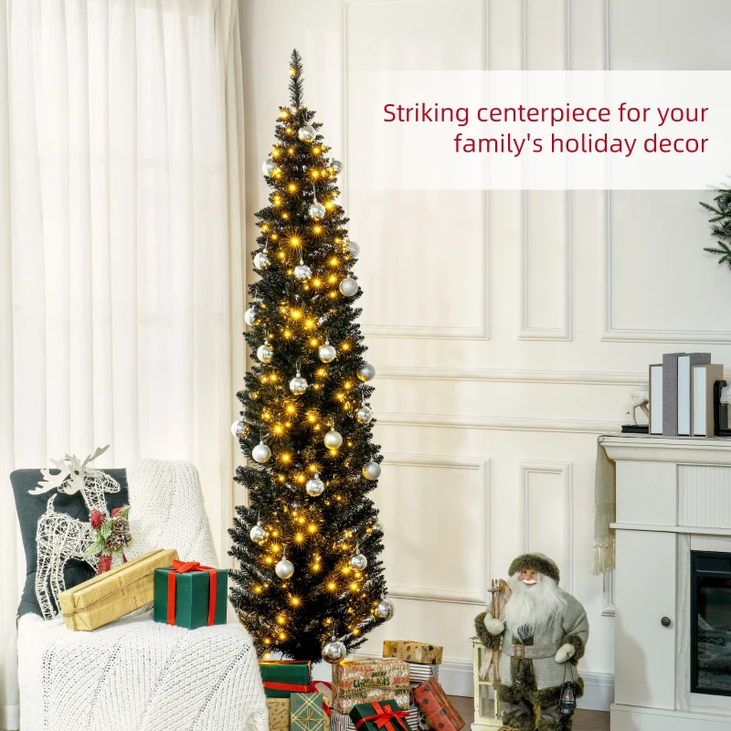HOMCOM 7ft Pencil Christmas Tree, Slim Artificial Christmas Tree with Realistic Branches and Warm White LED Lights, Black