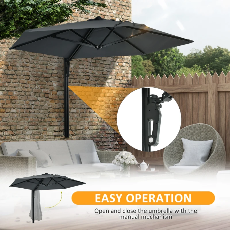 Outsunny 8 ft Wall Mounted Umbrella with 180° Rotatable Canopy, Patio Wall Parasol for Outdoor, Garden, Balcony, Yard, Dark Grey