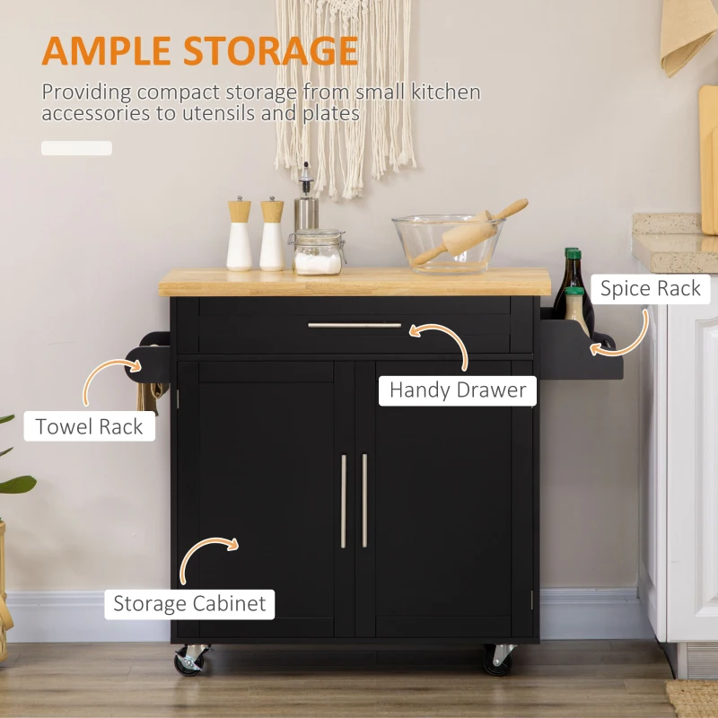 HOMCOM Kitchen Island with Storage, Rolling Cart Trolley with Rubberwood Top, Adjustable Shelf, Drawer, Spice Rack, Black