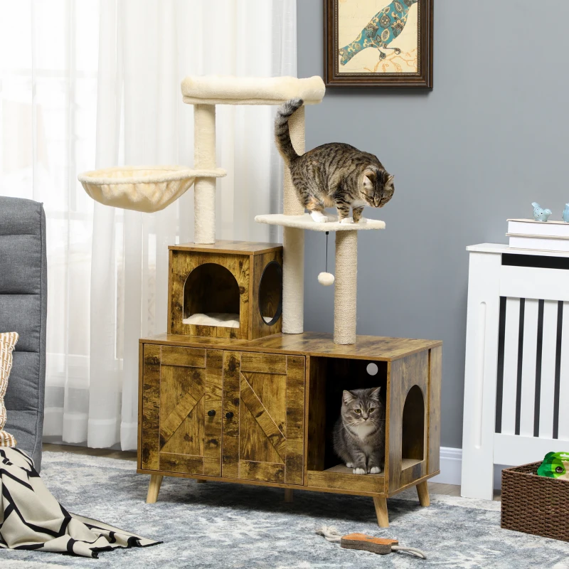 PawHut Litter Box Enclosure with Cat Tree Tower, Hidden Cat Washroom Furniture with Condo, Scratching Posts, Large Platform, Hammock and Soft Cushion, Rustic Brown