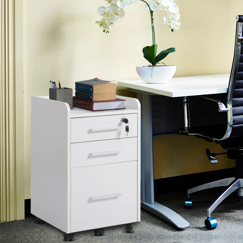 HOMCOM 3 Drawer File Cabinet with Lock and Edged Top, Lockable Filing Cabinet on Wheels for Letter and A4 Size, White