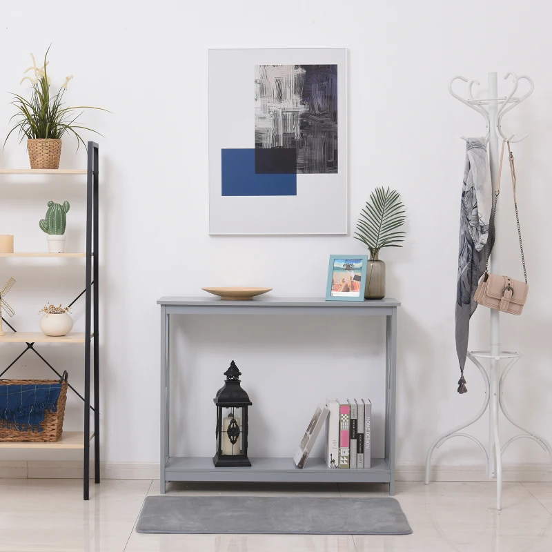 HOMCOM 2-Tier Console Table, Sofa Side Table with Storage Shelf, X Design for Entryway, Living Room, and Hallway, Grey