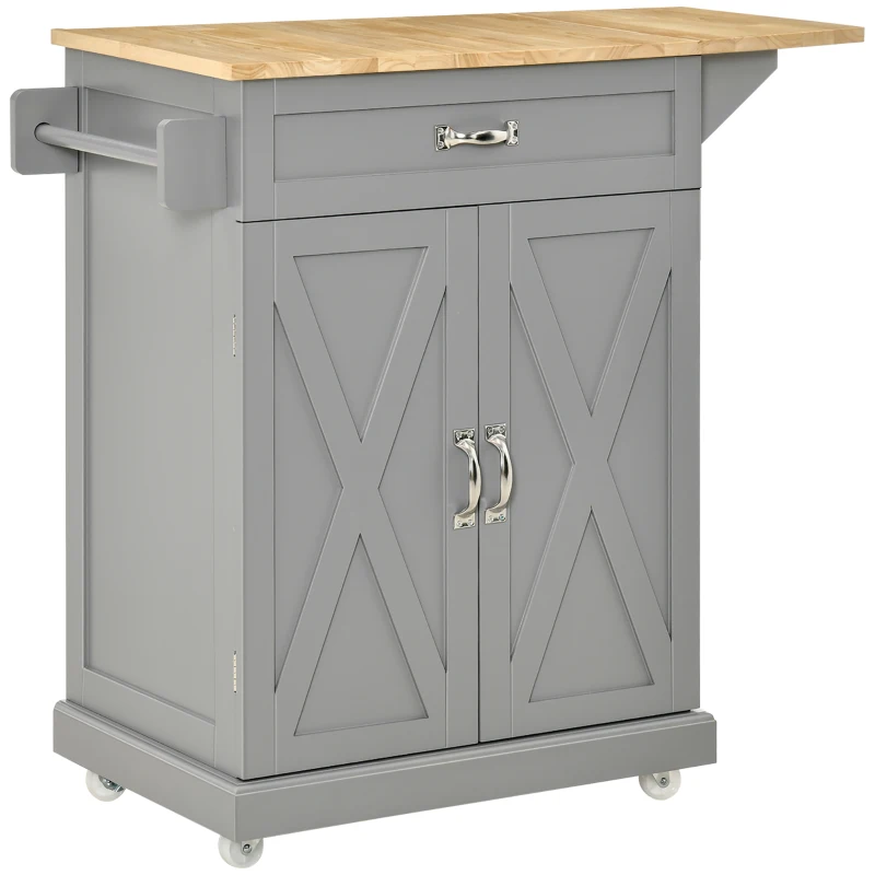 HOMCOM Foldable Kitchen Island with Storage Drawer, Farmhouse Style Rolling Utility Cart, Coffee Bar Cabinet on Wheels with Drop-Leaf Wood Top, Grey