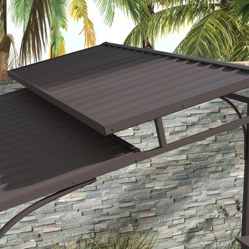 Outsunny 8'x5' BBQ Grill Gazebo, Outdoor Double Tiered Interlaced Polycarbonate Roof with Steel Frame, 2 Side Shelves, Brown