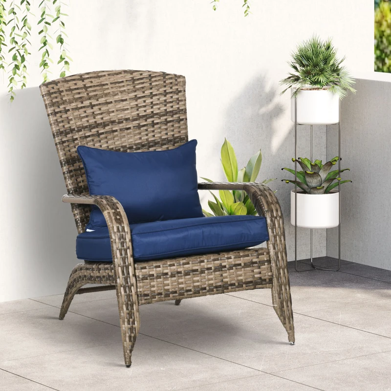 Outsunny Patio Wicker Adirondack Chair, Outdoor All-Weather Rattan Fire Pit Chair w/ Soft Cushions, Tall Curved Backrest and Comfortable Armrests for Deck or Garden, Mixed Tan/Dark Blue