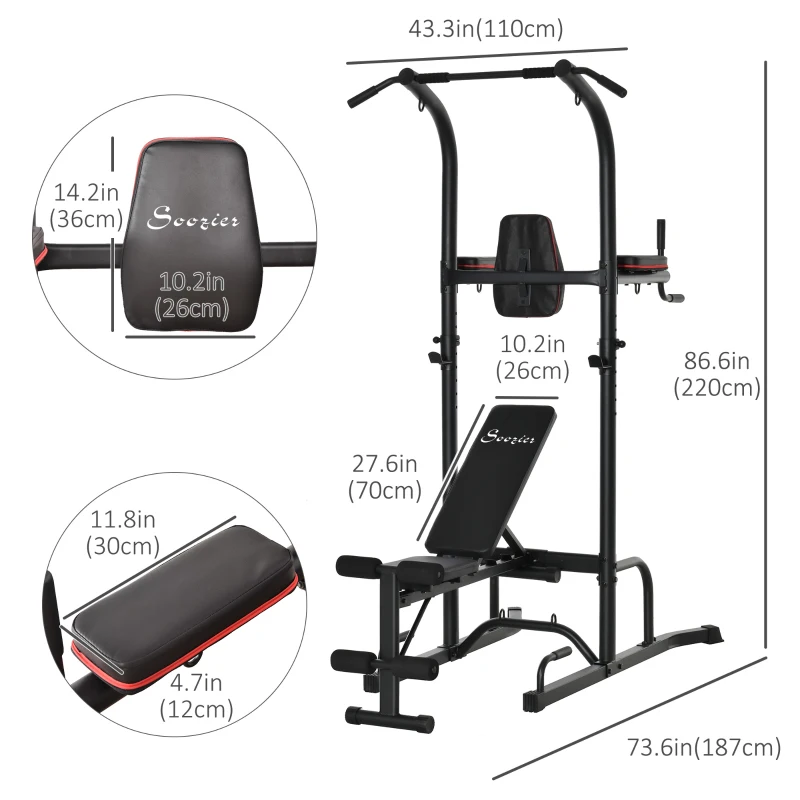 Soozier Multi-Function Training Stand Power Tower Station Gym Workout Equipment with Sit Up Bench, Pull Up Bar, Black