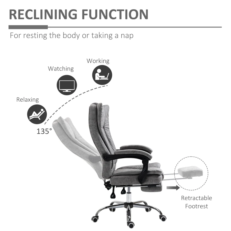 Vinsetto Microfiber Computer Chair, Executive Office Chair with Reclining Backrest Retractable Footrest Adjustable Height Grey