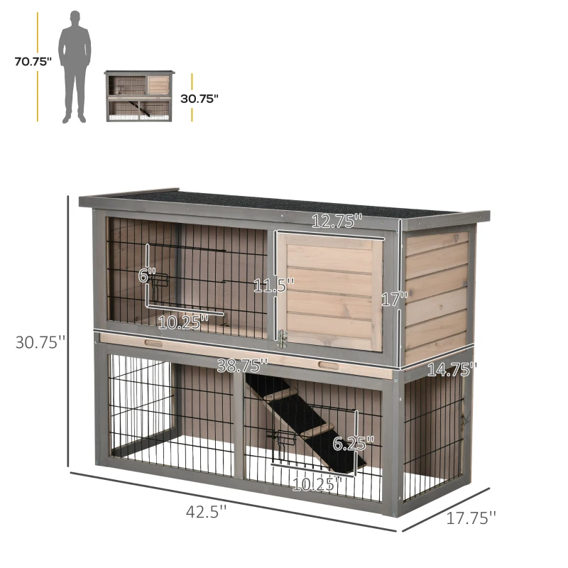 PawHut 2-tier Wood Rabbit Hutch Backyard Bunny Cage Habitat Small Animal House w/ Ramp, Slide Out Tray and Outdoor Run, Light Grey