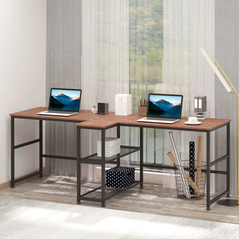HOMCOM 83" Two Person Computer Desk with 2 Storage Shelves, Double Desk Workstation with Book Shelf,  Long Desk Table for Home Office, Dark Walnut