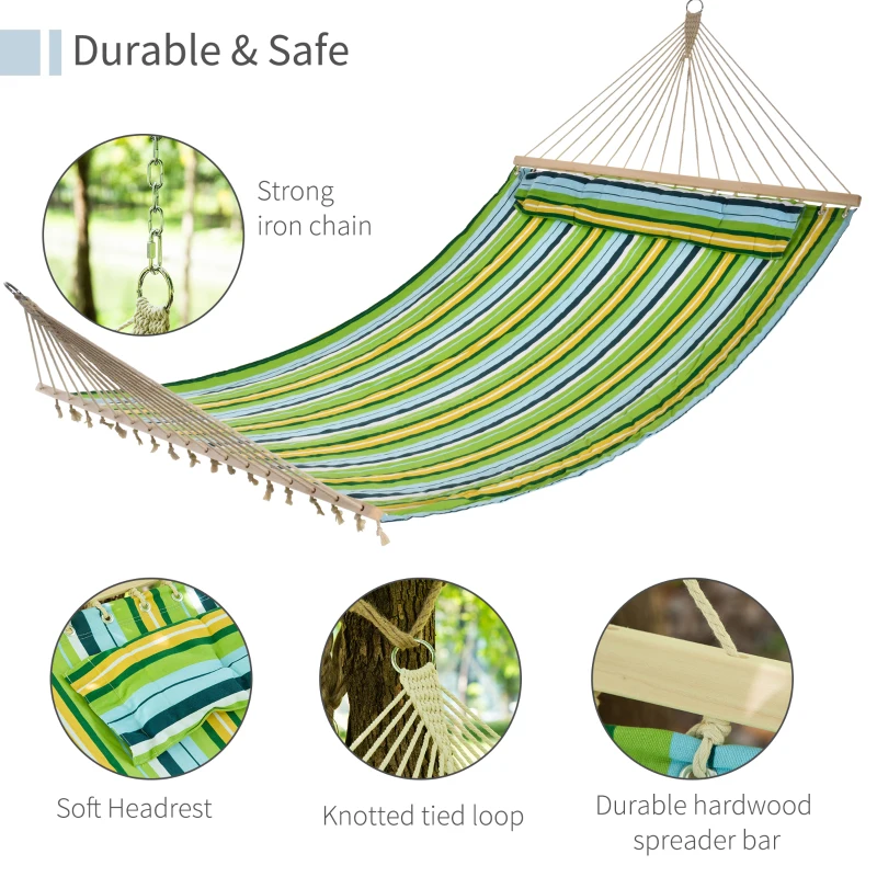 Outsunny 83" Patio Double Hammock, Wide Outdoor Hammock Bed Striped Fits 2 People Sunbed Camping hang Sleep w/ Pillow, White Stripe