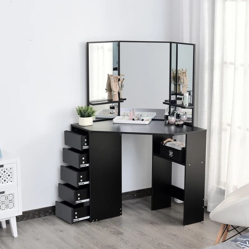 HOMCOM Corner Vanity Table, Makeup Vanity Table with 5 Drawers and Open Shelves, Dressing Table with 3-piece Mirror for Bedroom, Black